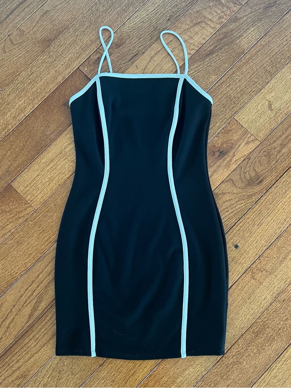 Vintage Y2K Black Bodycon Mini Dress with White Piping Made in USA